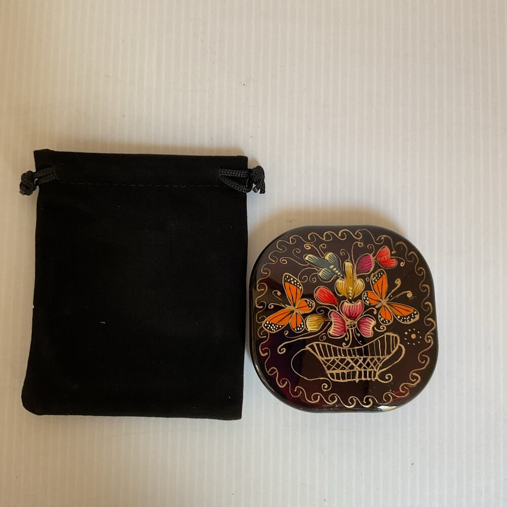 Hand-Painted Mexican Compact Mirror Monarch Butterfly Michoacán Gold Foil Art - Picture 4 of 7
